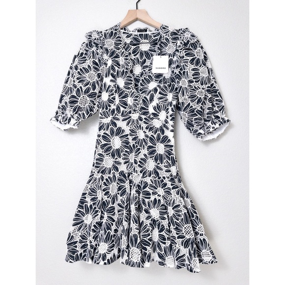 NWT Sandro Audrey Floral Embroidered Mini Dress XS Noir Flared Ruffle Eyelet - Picture 4 of 13